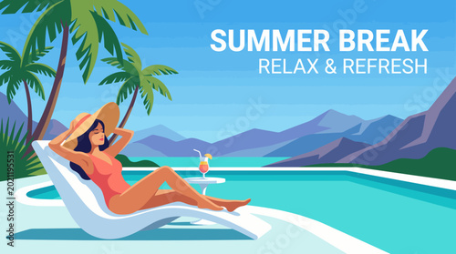 Foto An idyllic summer vacation illustration showing a woman lounging by the pool with a cocktail, epitomizing relaxation, refreshment, and escape from the daily grind