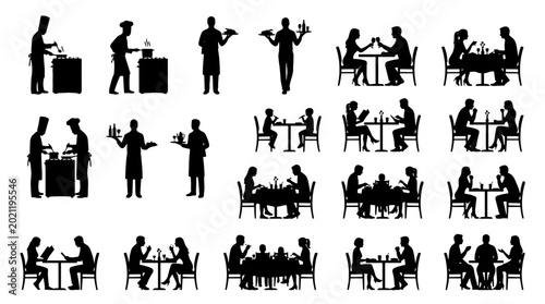 Collection of culinary professionals and diners enjoying meals in restaurant settings in silhouette