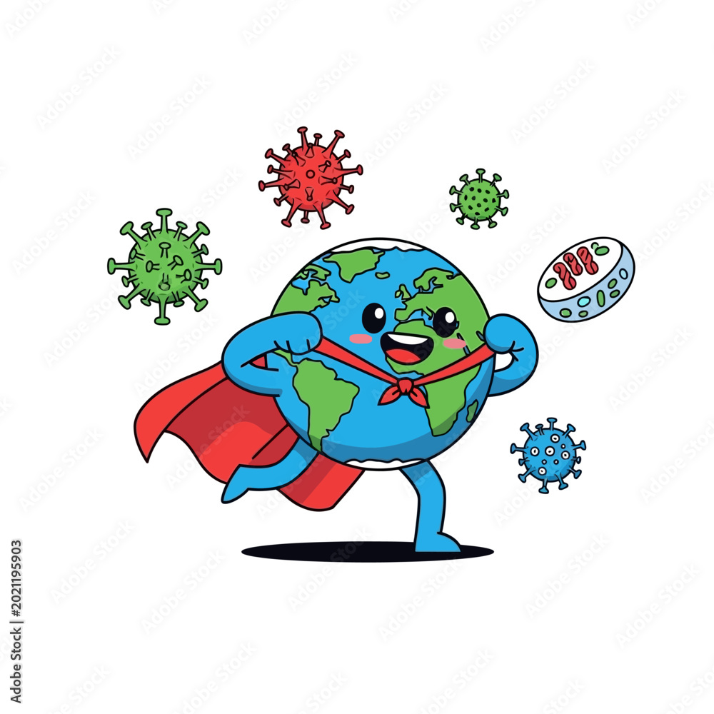 Fototapeta premium Superhero Earth Defending Against Viruses: Cartoon Illustration