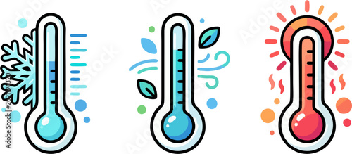 Obraz na plátne Thermometer Icon Set Showing Cold, Mild and Hot Temperature with Snowflake, Leaf
