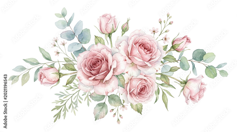 Fototapeta premium Watercolor pink rose bouquet with eucalyptus leaves, elegant floral arrangement for wedding invitations, soft pastel flower composition isolated PNG with Transparent Background