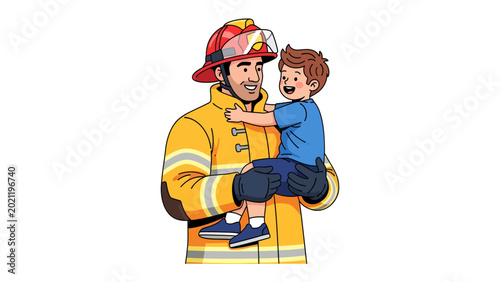 Foto Hero's Embrace: A heroic firefighter, clad in protective gear, cradles a rescued child in his arms, embodying courage, compassion, and community safety