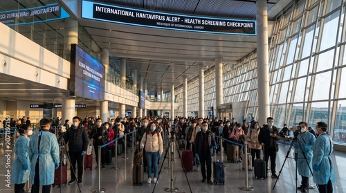 Passengers and medical staff wearing masks and protective gear queue for health screening at an airport checkpoint. International Hantavirus Alert displayed.