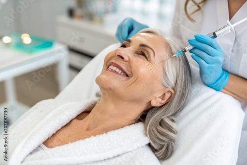 Senior Beauty Treatment. Mature woman with silver hair smiling during anti-aging cosmetic injection procedure at clinic
