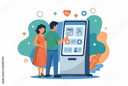 Couple Using Modern Healthcare Self Service Kiosk For Appointments