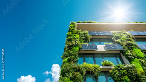 Modern eco friendly residential building with solar panels and green facade under a blue sunny sky with copy space