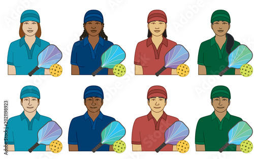 diversity, race, ethnicity of pickleball player vector icons, male and female, wearing hat with pickleball ball and paddle isolated on a white background