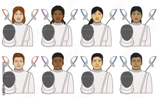 diversity, race, ethnicity of fencing fencer vector icons, male and female, wearing protective uniform, with meshed helmet and crossed sabers, isolated on a white background