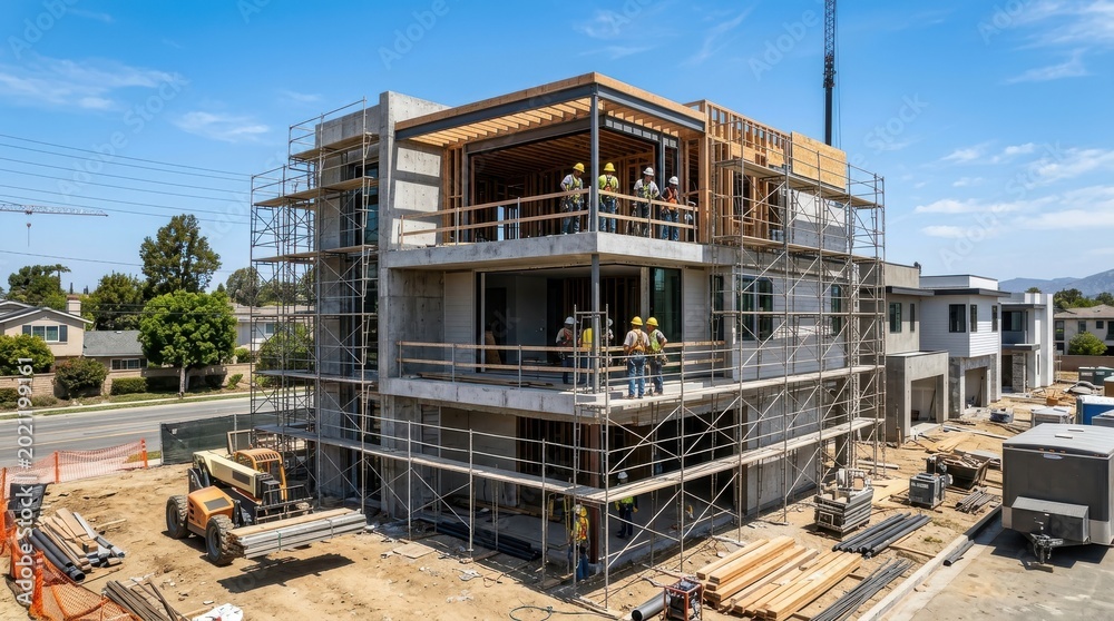 Fototapeta premium Contemporary Multi-Level Modern House Under Construction with Structural Framework and Urban Residential Design