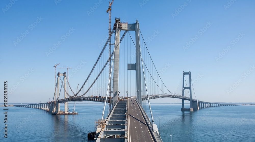 Fototapeta premium Massive Cable-Stayed Suspension Bridge Under Construction Over Calm Water