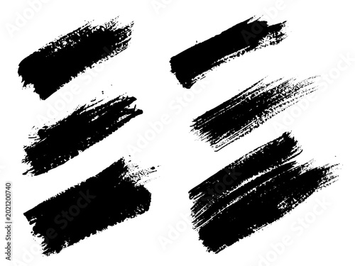 Set of black grunge brush strokes isolated on white background. Distressed ink paint brush texture collection. Abstract artistic design elements for design, banner, poster