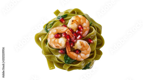 Bild auf Leinwand Green fettuccine pasta with shrimp and pomegranate seeds, isolated on transparen