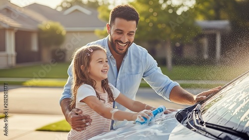 Happy father and daughter washing car in suburban driveway