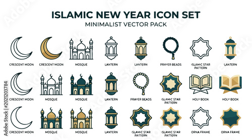 Islamic New Year 1448 icon set with minimalist vector illustrations for Muharram and Hijri celebrations