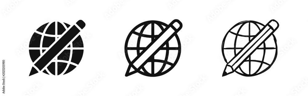 Obraz premium Global Content Creation Icon Set - World Globe with Pencil for Writing