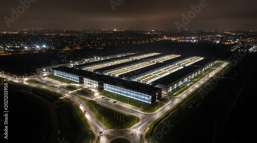 Wide Aerial View of Massive Hyperscale Data Center Facility at Night
