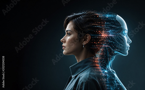 Woman Profile Fading into Digital Neural Network Cyborg Face Silhouette Artificial Intelligence Transformation Concept