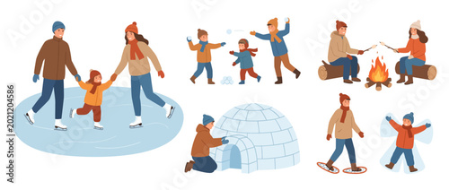 This charming illustration captures families enjoying winter activities together, showcasing skating, building snowmen, and sitting by a campfire for a warm holiday vibe.