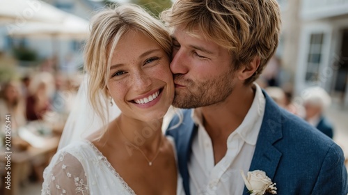 A joyful couple celebrates their wedding day with smiles and affection, framed by a soft background of friends and a beautifully decorated outdoor venue.