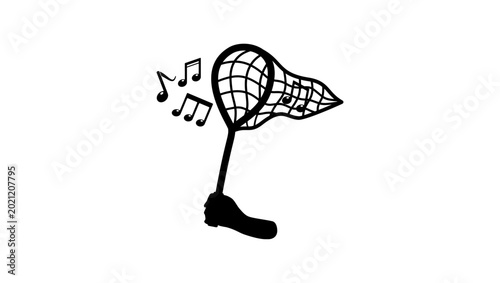 Foto Music studio symbol, net catching notes, black isolated vector silhouette