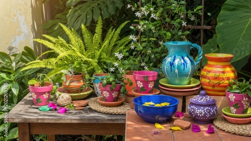 Vibrant Potted Plants and Colorful Pottery in a Lush Garden Setting