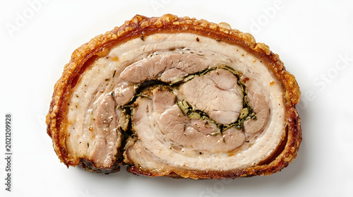 Succulent slice of herb-roasted Porchetta featuring tender meat and crispy golden skin, perfectly isolated on a pure white background