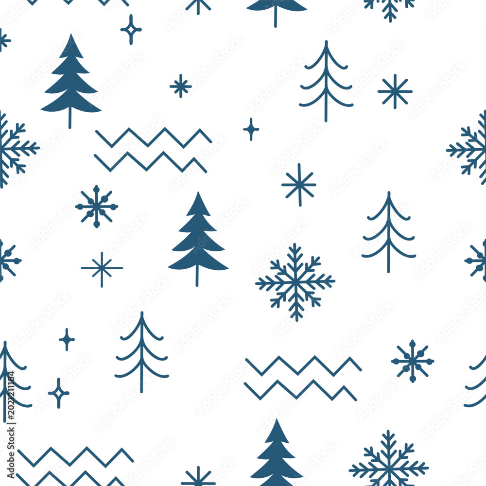 Obraz premium Minimalist Blue and White Holiday Background with Pine Tree Silhouettes