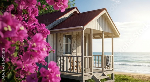 Quaint Beach Bungalow with Colorful Bougainvillea on a Sunny Afternoon