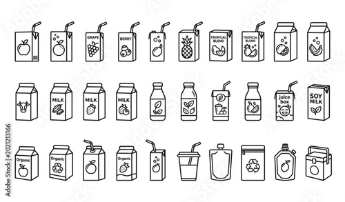 Juice and Milk Packaging Icon Set: Juice Box, Milk Carton, and Beverage Containers in Line Art Style.