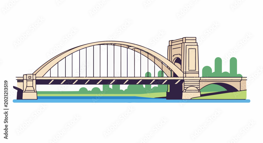 Fototapeta premium Stylized graphic of a beige arch bridge over blue water with green landscape