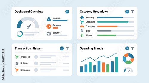 Foto Personal finance vector dashboard with budget overview spending trends transacti