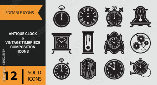 Фотография Antique Clock Collection With Elegant Vintage Timekeeping Decorative Objects Ico