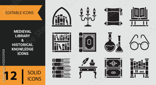 Medieval Library Collection With Historical Bookshelves And Knowledge Inspired Icons