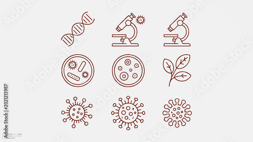 science icons set including DNA microscope petri dish bacteria virus and leaf on light gray