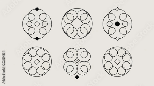 Six different circular geometric patterns with intersecting circles and shapes