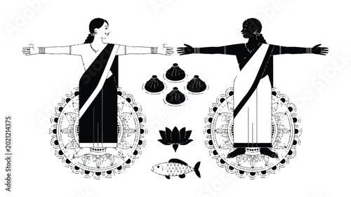 Traditional Indian couple in sari with decorative elements and fish