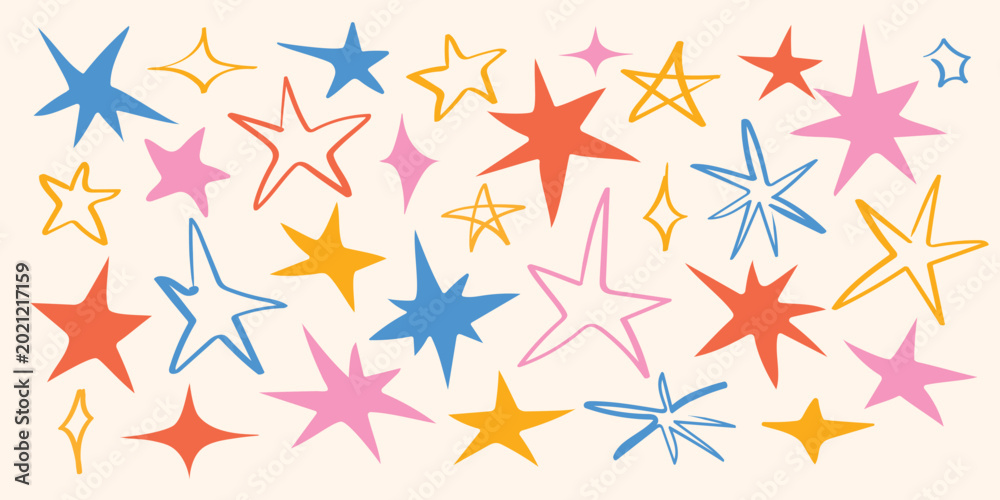 Obraz premium Colorful hand drawn star shape set with playful sketch icons and funky abstract elements for stickers and creative design