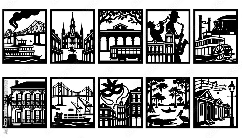 Αυτοκόλλητο Louisiana New Orleans & Louisiana Square Silhouette Bundle: French Quarter, Bayo