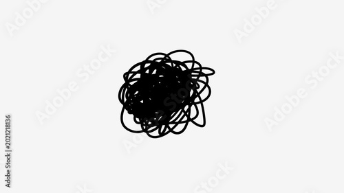 Animated chaotic black line tangle expanding to full screen and disappearing. Abstract ink or pencil scribble cloud transition on white