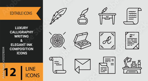 Luxury Calligraphy Writing Collection With Elegant Ink And Paper Outline Icons