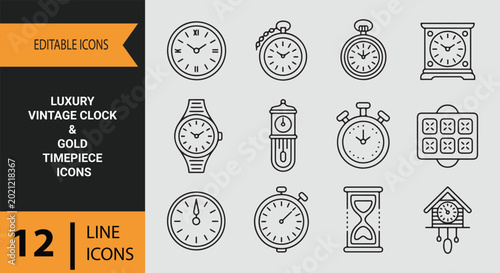 Luxury Vintage Clock Collection With Elegant Golden Timepiece Outline Icons