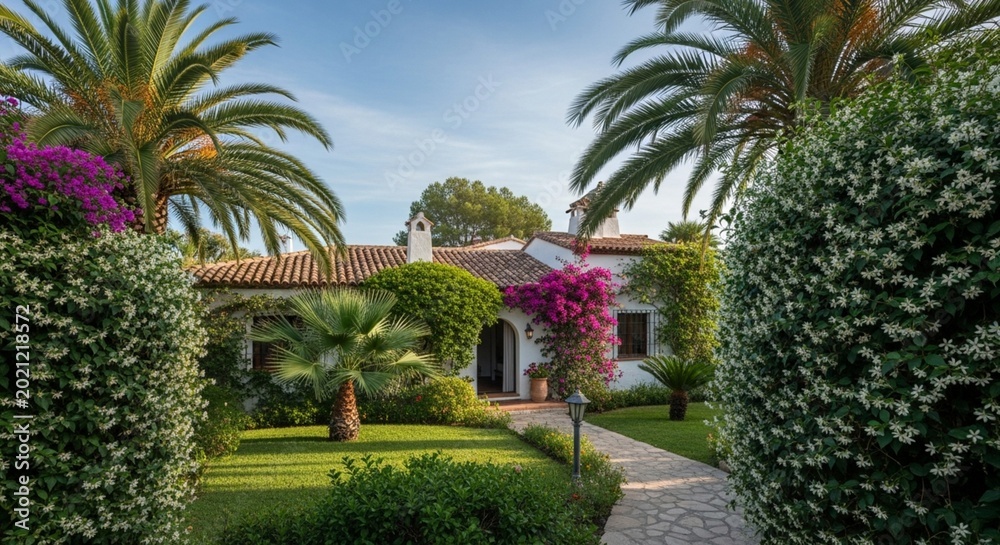 Fototapeta premium Secluded Mediterranean villa surrounded by a lush, tranquil garden featuring vibrant flowers and towering palm trees