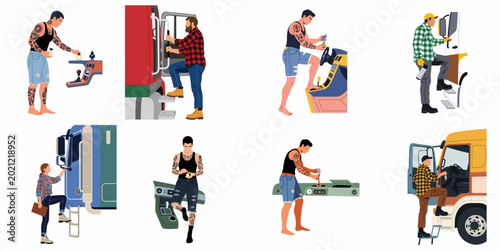 Фотография Vector Illustration Set of Truck Drivers Entering Cabs and Working on Vehicle Interiors for Logistics and Transport Industry