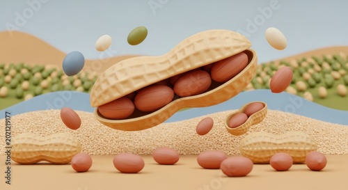 3D illustration celebrating National Peanut Month with falling peanuts