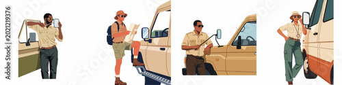 Tableau sur toile Collection of diverse safari guides and adventurers in khaki outfits standing by off-road vehicles, featuring men and women exploring the wilderness