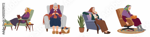 Foto Set of four flat illustrations depicting elderly women enjoying cozy indoor activities like reading, knitting, drinking tea, and relaxing with a pet cat