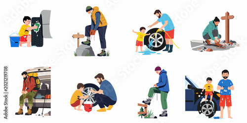 Billede på lærred Vector illustration set of people cleaning car wheels and hikers preparing for a trek by tying their shoelaces in various outdoor scenarios