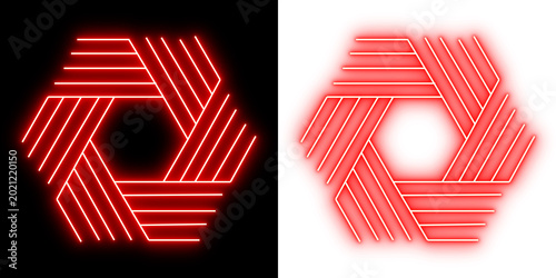 red neon hexagon symbol png transparent background, glowing geometric polygon logo png transparent background, abstract neon hexagon line icon png isolated
