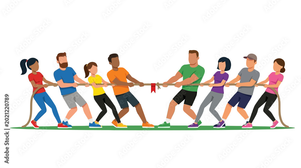 Fototapeta premium Diverse group of people pulling a rope during an intense and competitive tug of war
