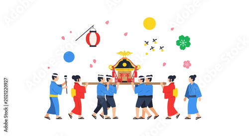 Canvastavla Japanese festival procession with portable shrine (mikoshi) carried by people in traditional clothing